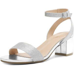 Dream Pairs Womens Silver Faux Suede Rounded Toe Ankle Strap Heeled Sandal